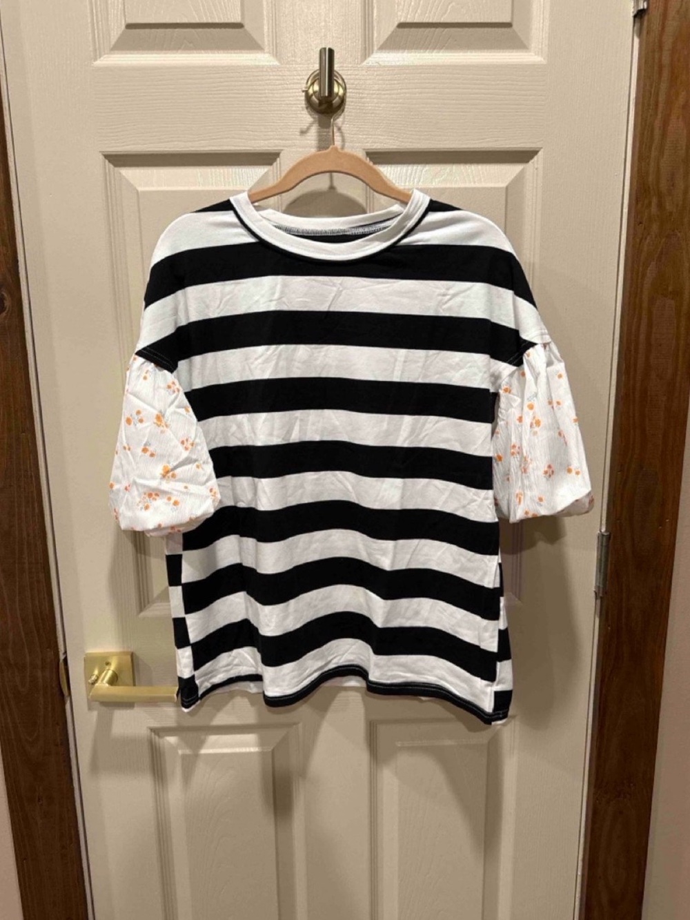 Black & White Striped Women's Top with Floral Puff Sleeves